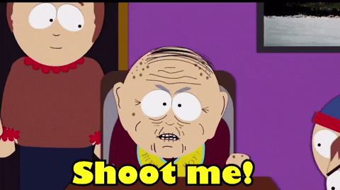 a cartoon character says shoot me in a purple room