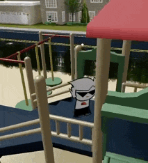 a computer generated image of a playground with a red roof