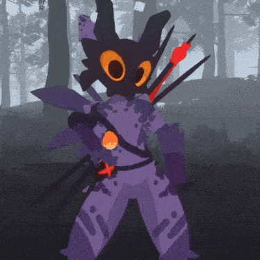 a cartoon character in a purple outfit holding a red arrow