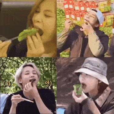a collage of four pictures of people eating food with chopsticks .