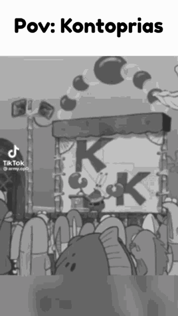 a black and white photo of a stage with the words pov kontoprias