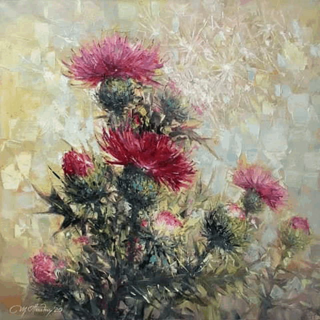 a painting of a bunch of thistles with pink flowers on a gray background .