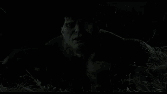 a man is standing in the grass in the dark and looking at the camera .