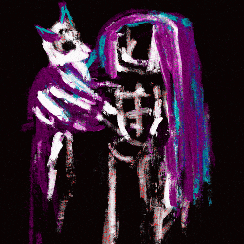 a painting of a skeleton holding a cat with long purple hair
