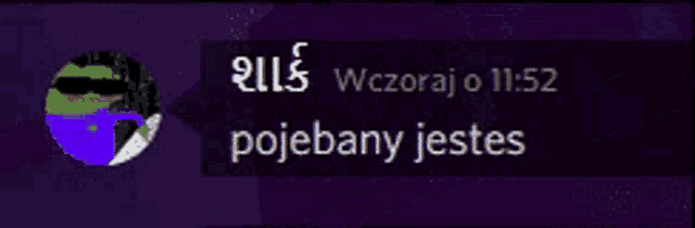 a purple background with a picture of a frog and the words " pojebany jestes " on it