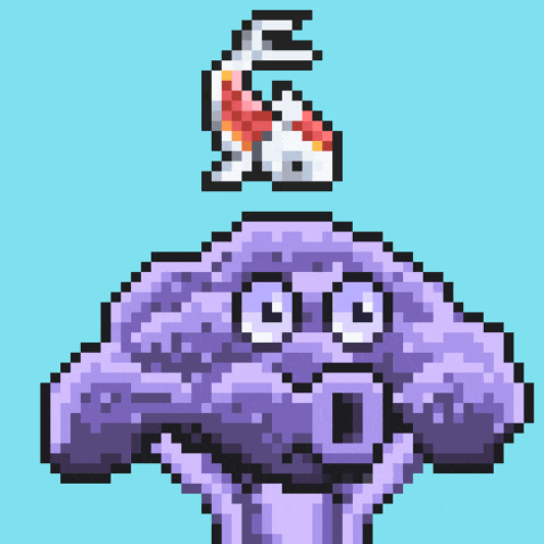 a pixel art drawing of a purple cloud and a fish above it