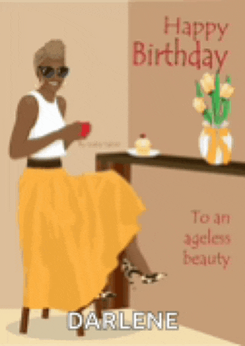 a birthday card with a woman in a yellow skirt sitting at a table