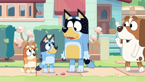 three cartoon dogs are standing on a sidewalk in front of a house