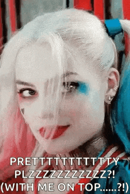 a woman in a harley quinn costume is smiling and looking at the camera with her eyes closed .
