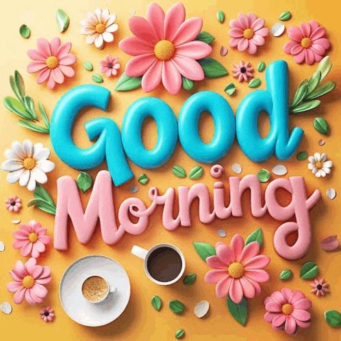 the word good morning is surrounded by pink and blue flowers