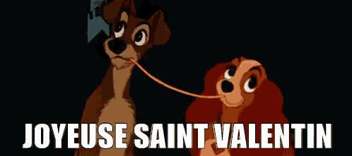 a couple of cartoon dogs standing next to each other with the words joyeuse saint valentin on the bottom .