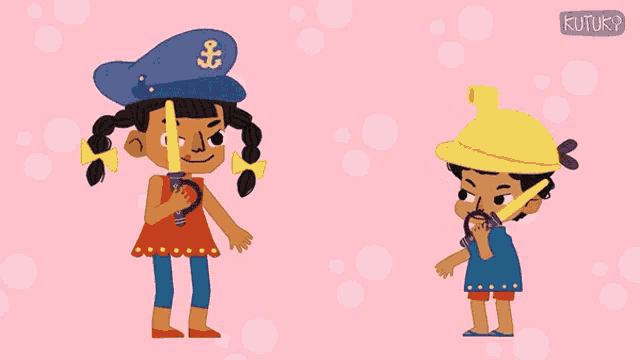a girl in a pirate hat stands next to a boy in a yellow hat