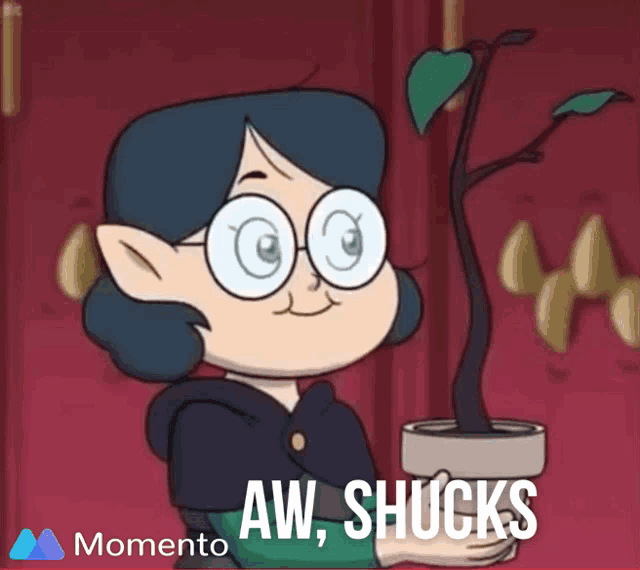 a cartoon of a girl holding a potted plant with the words aw shucks on the bottom