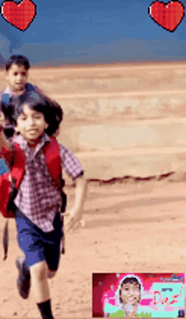 a boy with a red backpack is running in a desert