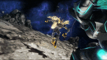 a computer generated image of a robot with a blue light behind it