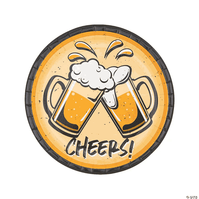 a paper plate with two mugs of beer and the word cheers on it