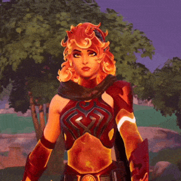 a woman with red hair is wearing a fire armor