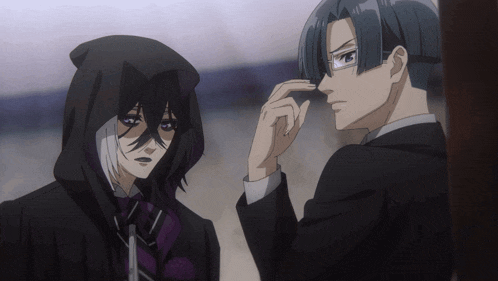 two anime characters are standing next to each other with one wearing a hood