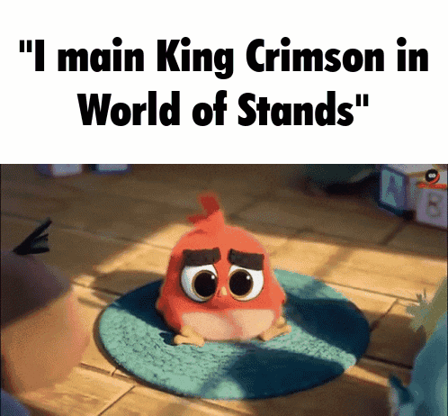 a cartoon character is sitting on a rug with the words " i main king crimson in world of stands "