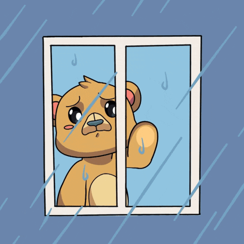 a cartoon of a teddy bear looking out of a window in the rain