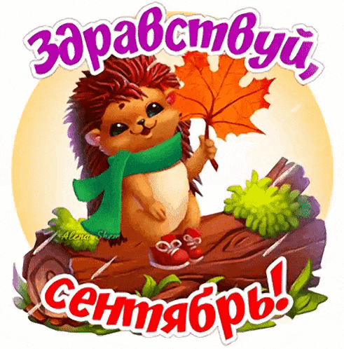 an illustration of a hedgehog holding a maple leaf and the words " zdravstvuy "