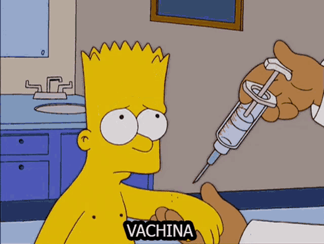 a cartoon of bart simpson getting a vaccine with the word vachina above him