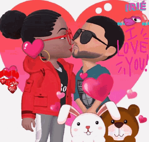 a man and a woman are kissing in front of a heart that says i love you