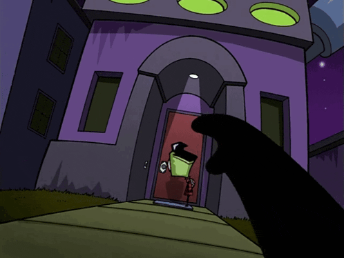 a cartoon drawing of a purple building with a green light on the top