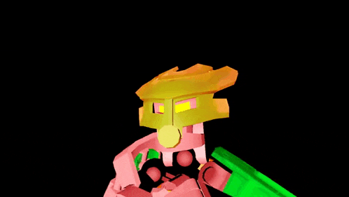 a 3d rendering of a pink and yellow robot with a green arm