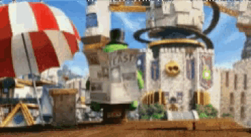 a cartoon scene with a red and white striped umbrella