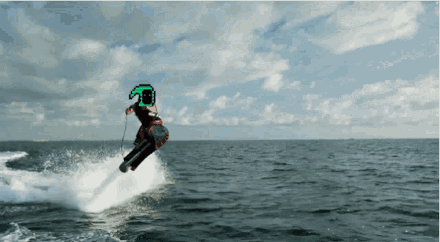 a pixel art of a person on a jet ski in the ocean