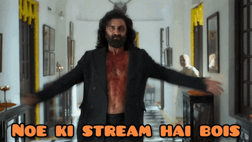 a man with blood on his chest is standing in a hallway with the words " noe ki stream hai bois " above him