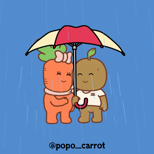 a cartoon of two carrots holding an umbrella in the rain with the caption @popo_carrot