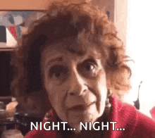 a close up of an elderly woman 's face with the words `` night ... night ... '' written on her face .