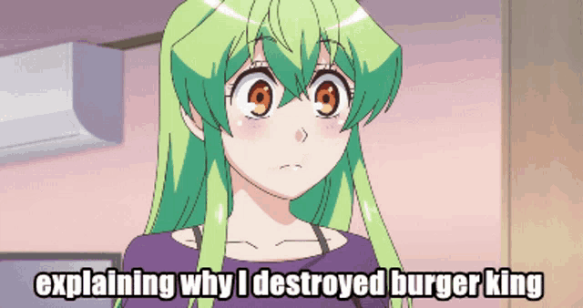 a girl with green hair is explaining why she destroyed a burger king