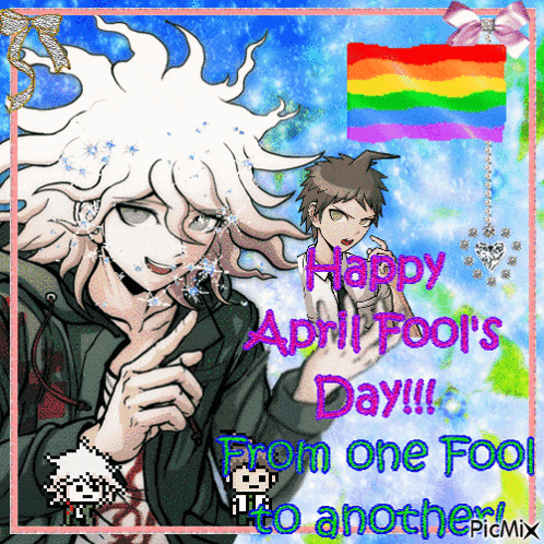 a happy april fool 's day greeting card with two anime characters