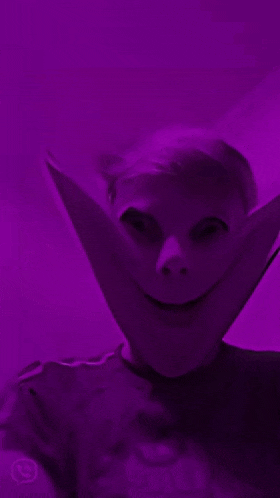 a person wearing a purple mask with a purple background is looking at the camera .