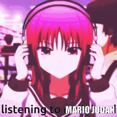 a girl wearing headphones is listening to mario judah