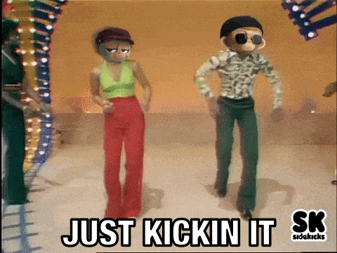 a man and a woman are dancing with the words just kickin it written below them