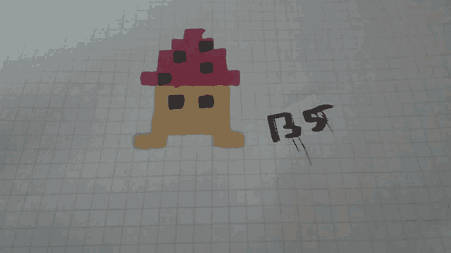 a drawing of a house with a red roof and the number 135 on the bottom