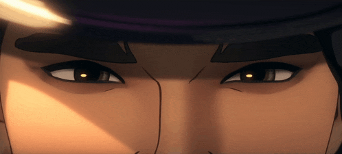 a close up of a cartoon character 's eyes with a hat on