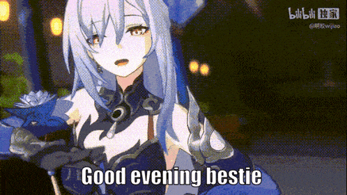 a cartoon girl says good evening bestie in a foreign language