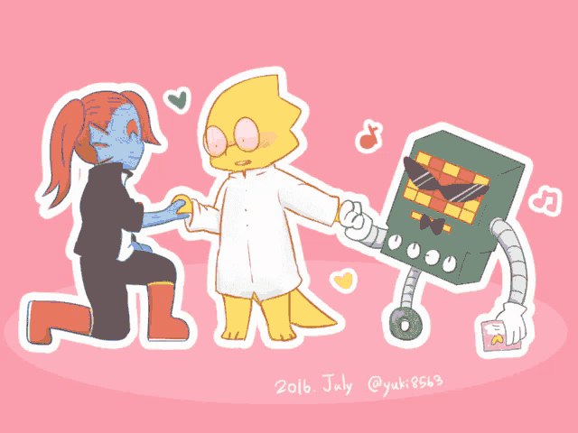 a drawing of three cartoon characters with the date 2016 july on the bottom