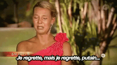 a woman in a red dress is crying and says bachelor je regrette mais je regrette putain ..