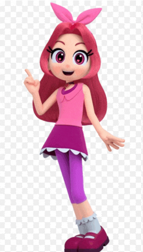 a cartoon girl with red hair wearing a pink top and purple skirt