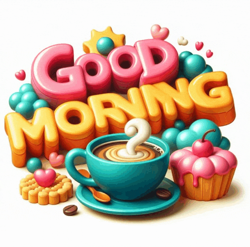 a cup of coffee and a cupcake with the words good morning above it