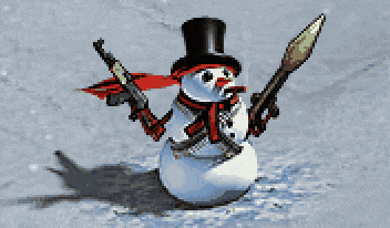 a pixel art of a snowman with a top hat and scarf holding guns
