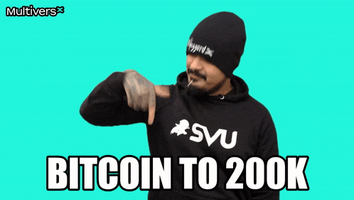 a man wearing a hoodie that says svu on it says bitcoin to 200k