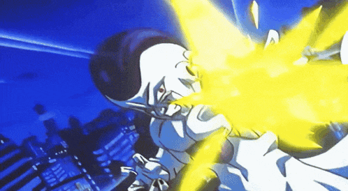 a cartoon character is shooting a yellow beam of light