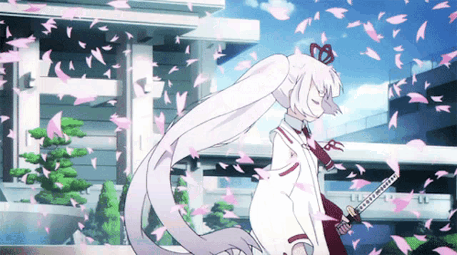 a girl with white hair is holding a sword in front of a building